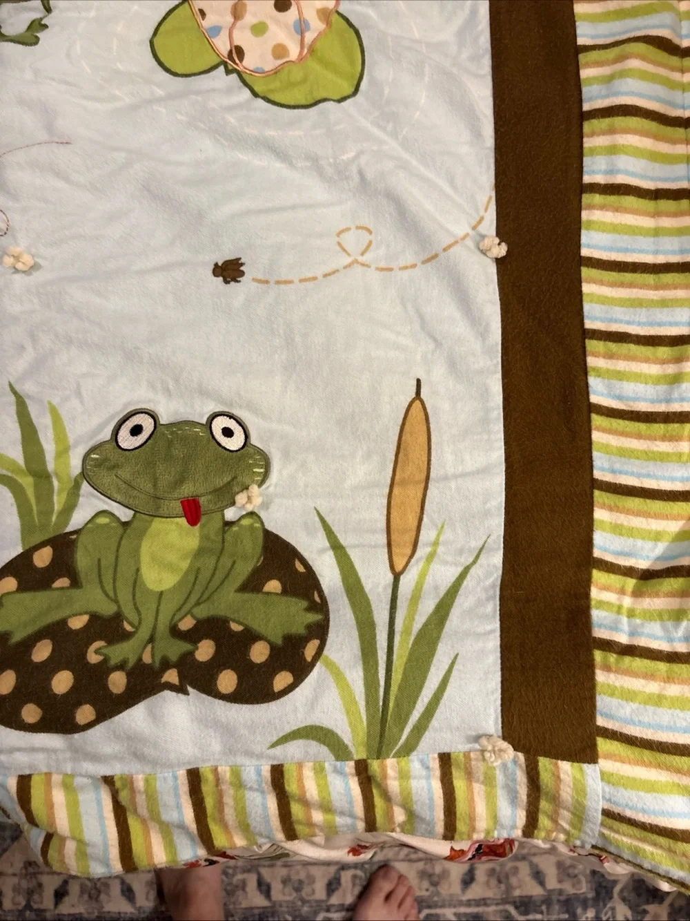 Frog Applique Baby Quilt in Blue and Green - Charming Nursery Bedding